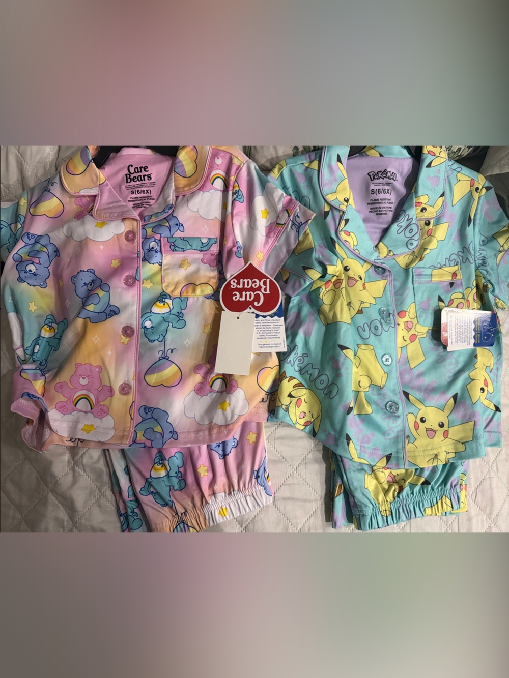 Care Bears and Pikachu Pokemon Pajama Sets girls size small(6/6x) 2 sets